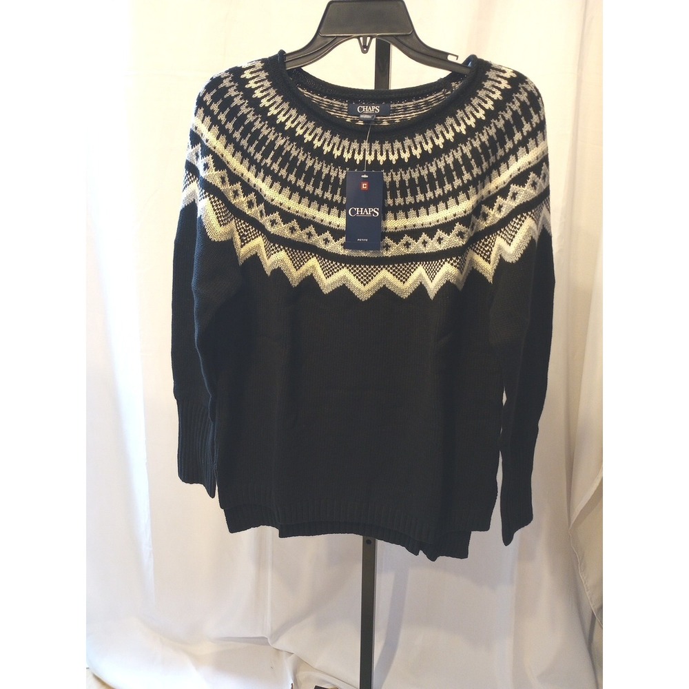 Chaps Black & Gold Knit Pullover Long Sleeve Sweater Size L Petite MSRP $69 NWT